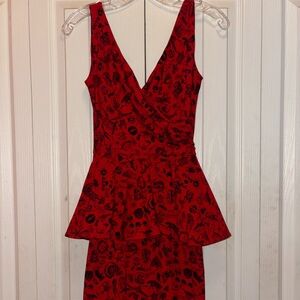 Betsey Johnson Red Graphic Midi Peplum Dress